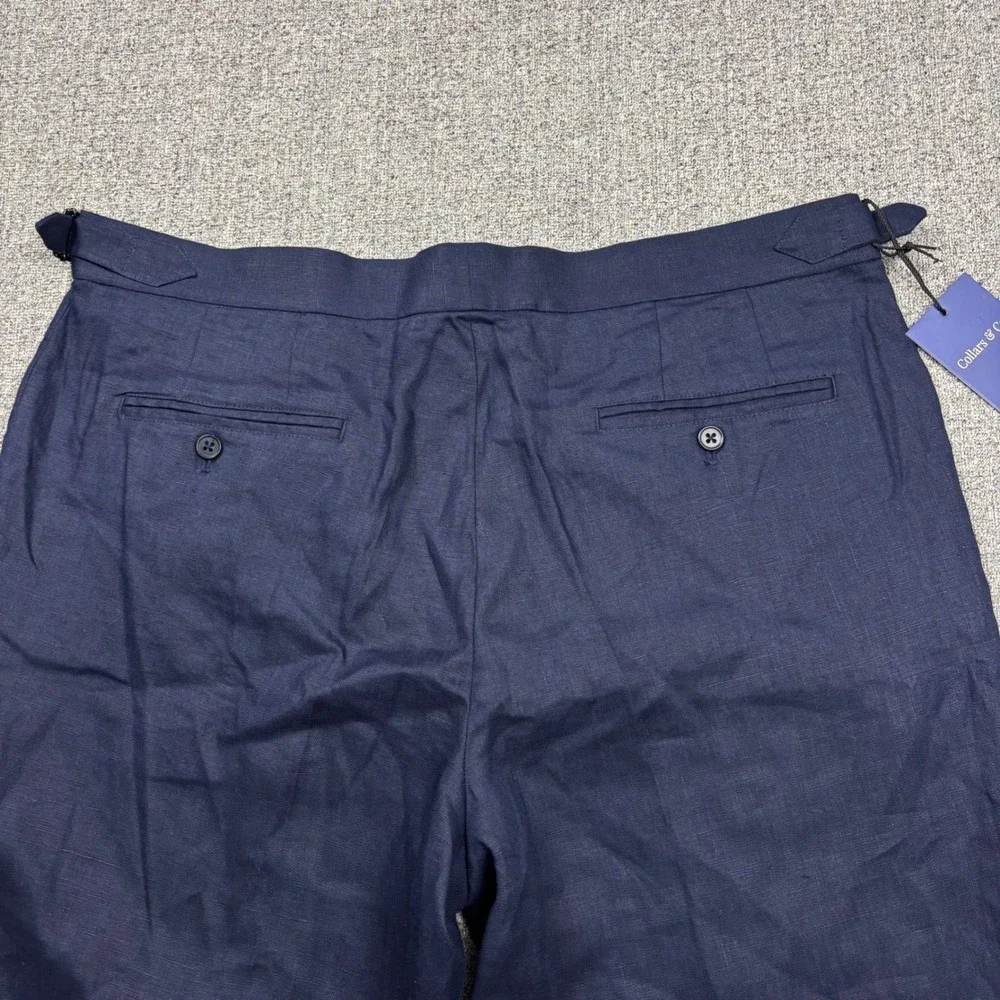 Collars & Co. Trousers Mens 38x32 Amalfi Navy Blue Linen Pleated Side Adjusters